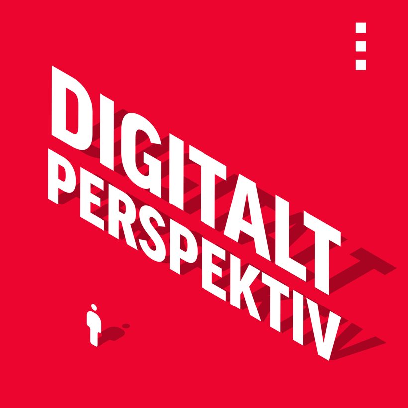 Rød grafik med teksten Digitalt Perspektiv i isometrisk perspektiv