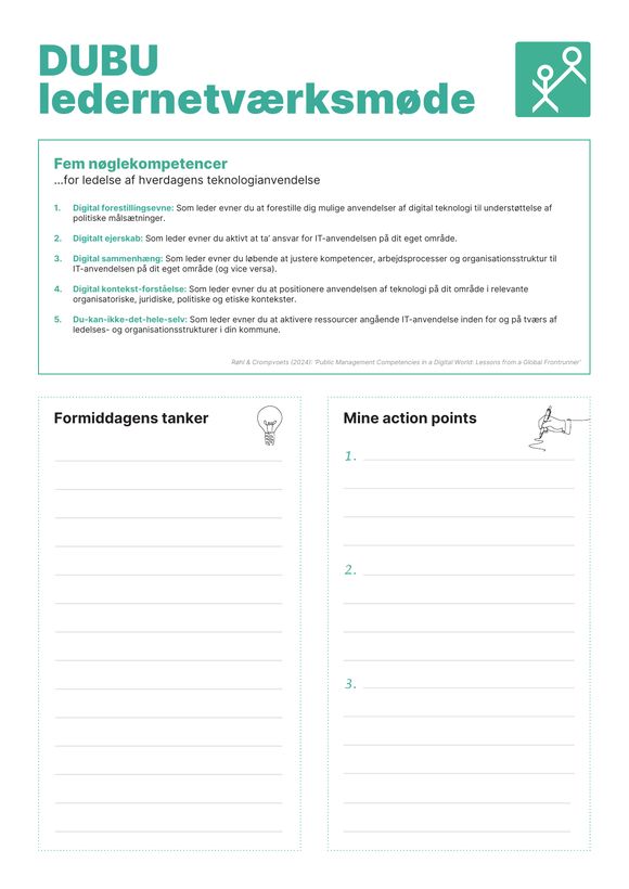 Noteark med fem nøglekompetencer og plads til action points