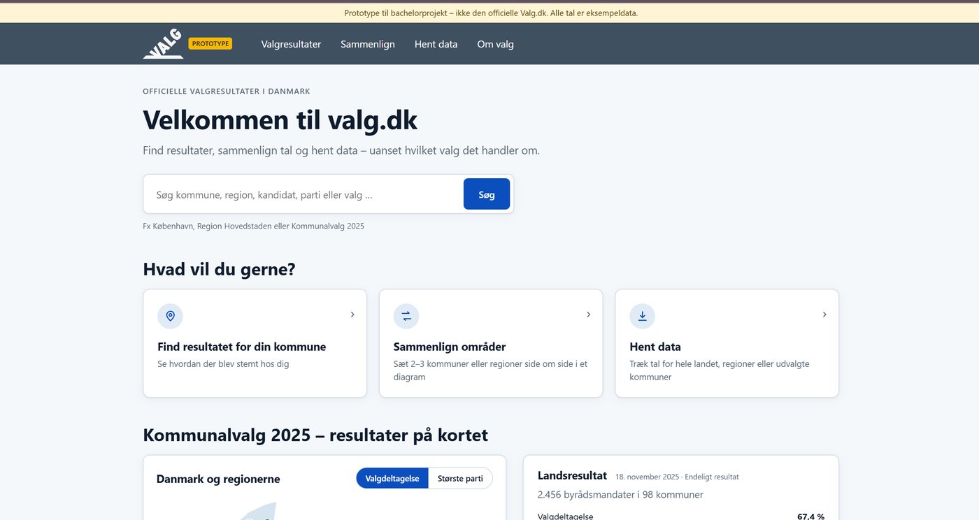 Forsiden af Valg.dk-prototypen med søgefelt, tre indgange og kort over kommunalvalg 2025